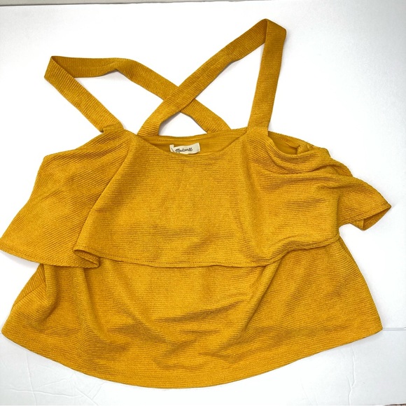 Madewell Tank Top Gold Criss Cross Strap Crop Medium Yellow Ribbed Ruffle - Picture 9 of 16